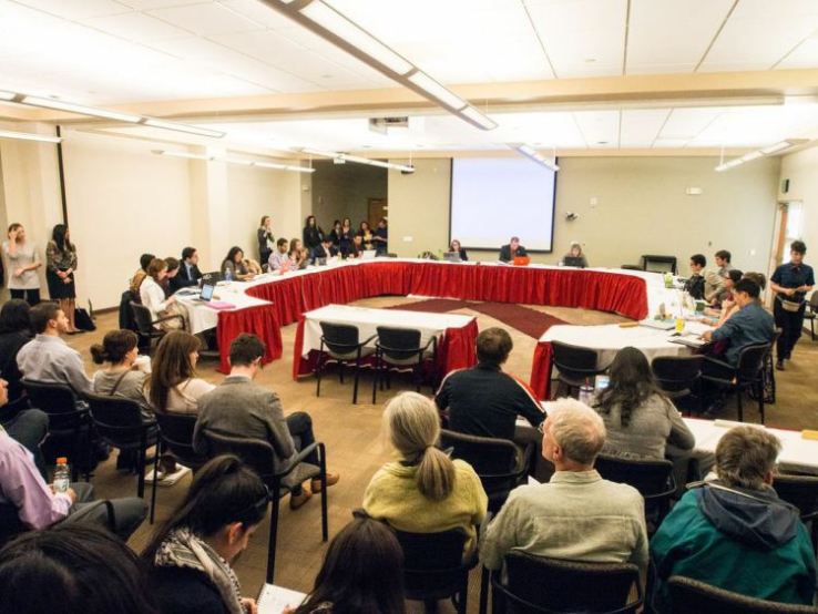 More than 150 people packed into ASUNM meeting in the Lobo A &amp; B room at the UNM Student Union Building. The meeting began at 6 p.m. and ended shortly before 10 p.m. More than three hours were spent discussing the divestment resolution. 